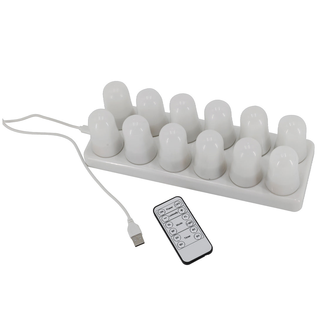 Genopladelige LED fyrfadslys med fjernbetjening – 12 stk. inkl. ladestation